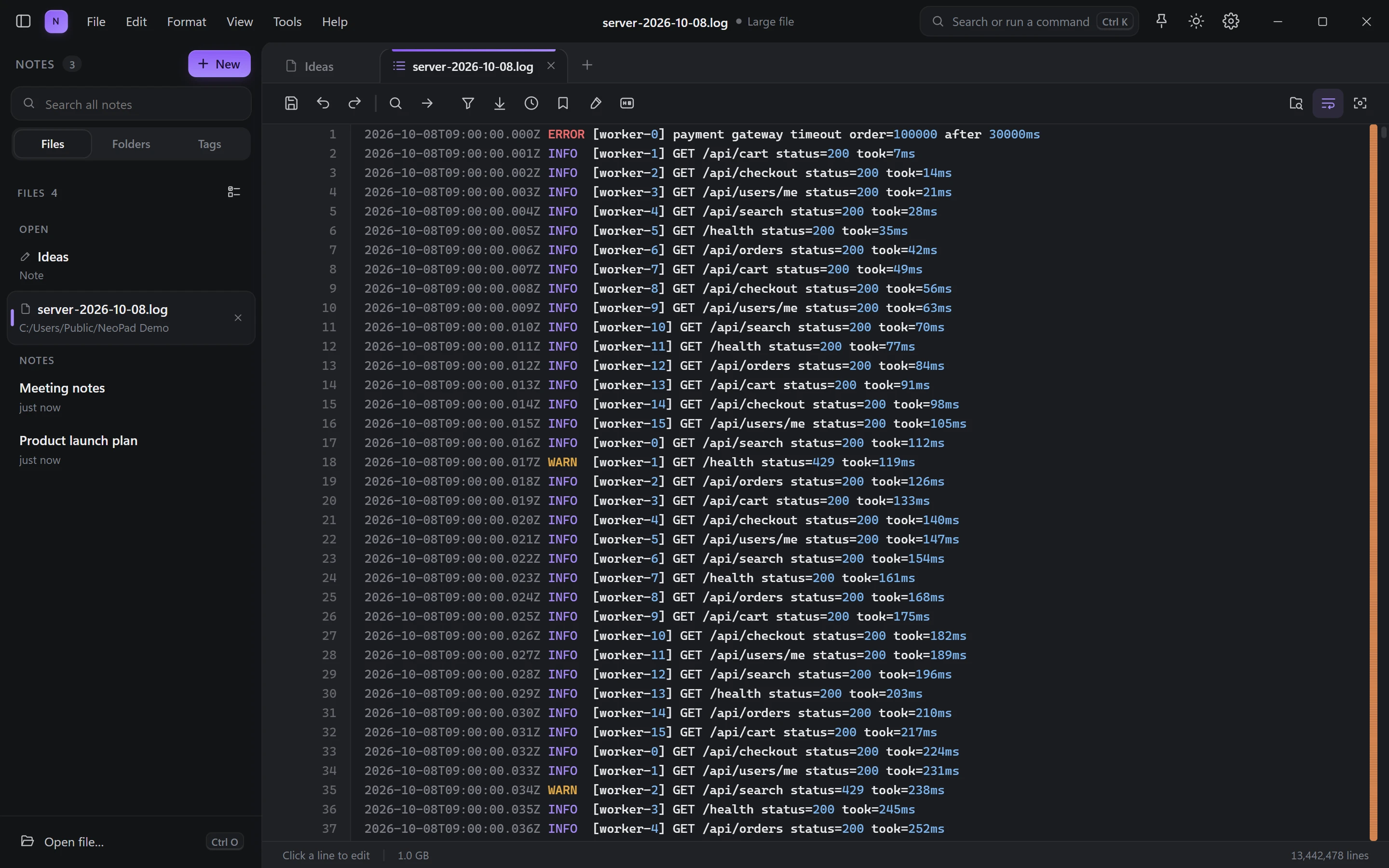 A 1 GB log open in NeoPad