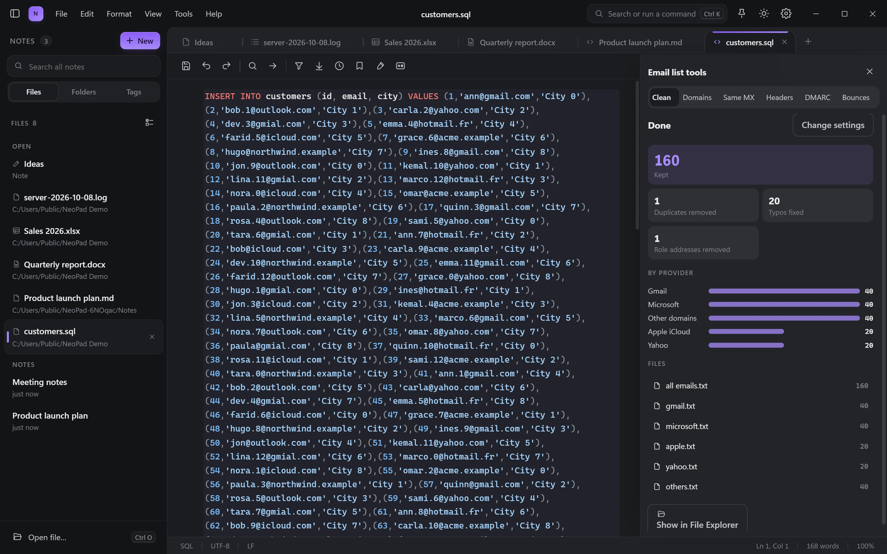 Email list tools: a SQL dump cleaned and split by provider